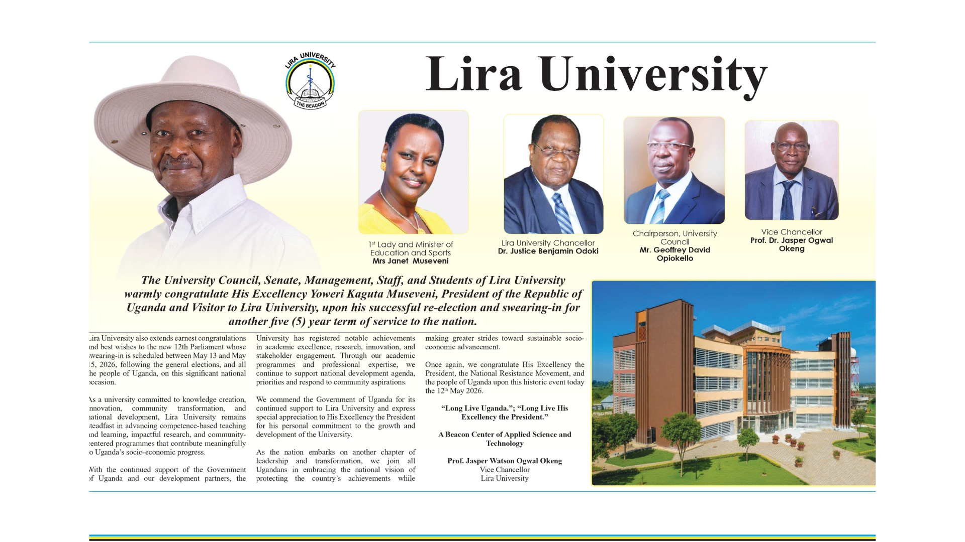 Lira University congratulates President Museveni