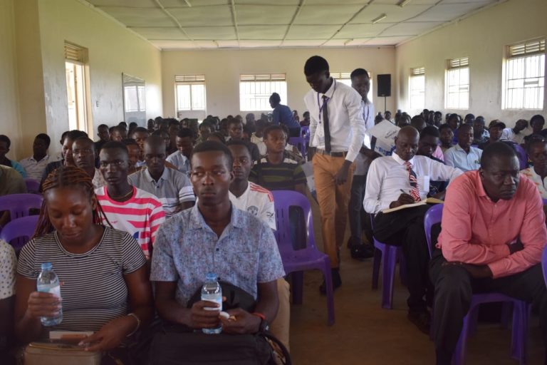 Enthusiastic Joyous fresh students of Lira University attend the orientation event, Dean of Students welcomes them